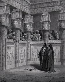 1800s Gustave DORE'S BIBLE Woodcut Moses & Aaron before Pharaoh SIGNED FRAMED