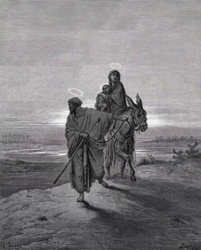 1800s Gustave DORE Religious Woodcut Joseph Leading Mary & Jesus SIGNED FRAMED