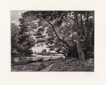 1885 Etching Henri-Joseph Harpignies Seine Near the Bois de Boulogne France signed Framed