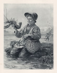 Davidson Knowles 1800s Antique Print LOBSTER FISHING SIGNED FRAMED