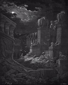 GUSTAVE DORE 1800s Religious Wood Engraving BABYLON IS FALLEN Framed Signed