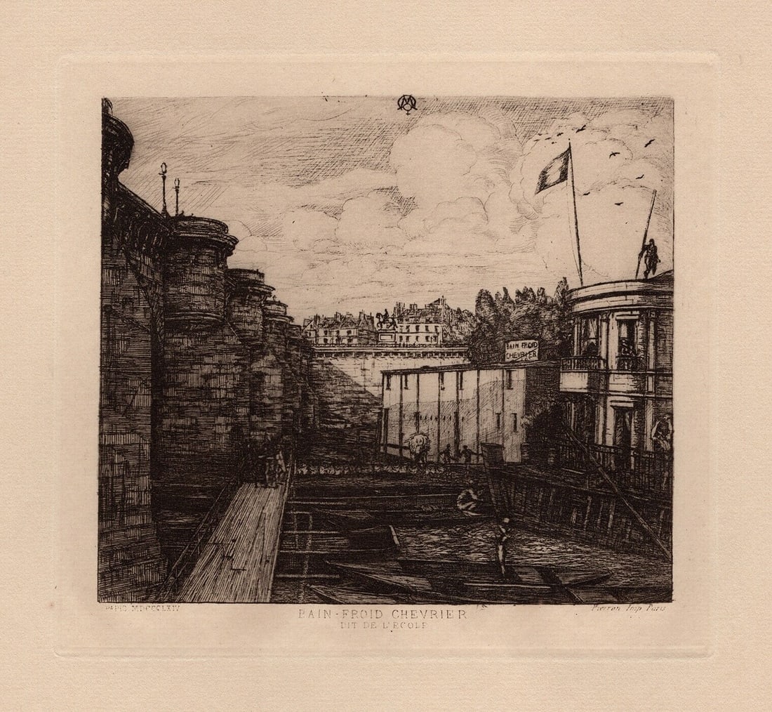 CHARLES MERYON Etching Chevrier's Cold Bath Establishment FRAMED: Charles Meryon (1821-1868). Bain-froid chevrier, dit "de l'École" (Chevrier's Cold-Bath Establishment, Sometimes called the "School-Baths"). Vintage etching on laid paper after the original by a Mast