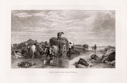 1891 Edward Duncan Carting Seaweed on the Coast of Guernsey etching signed