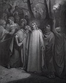 Framed 1800s Gustave Dore Religious Woodcut THE JUDAS KISS Signed