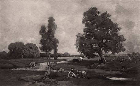 Charles Emile Jacque 1875 print A Rivulet signed