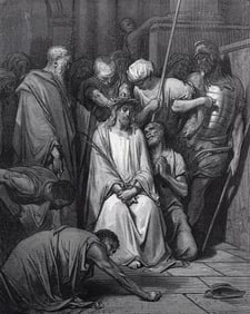 1800s DORE Religious Wood Engraving "The Soldiers Mock Jesus" FRAMED Signed