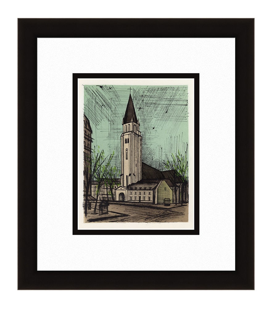 Bernard Buffet Saint Germain des Pres 1967 lithograph: Bernard Buffet. (1928-1999). Saint Germain des Pres. Color Lithograph on Wove Paper after the Original. 1967. Excellent. Atelier Mourlot. Image Size 7 1/4 x 9 1/2 inches. Approximately 16 x 18 inches