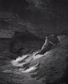 FRAMED 1800s GUSTAVE DORE Religious Woodcut JONAH'S PRAYER Signed