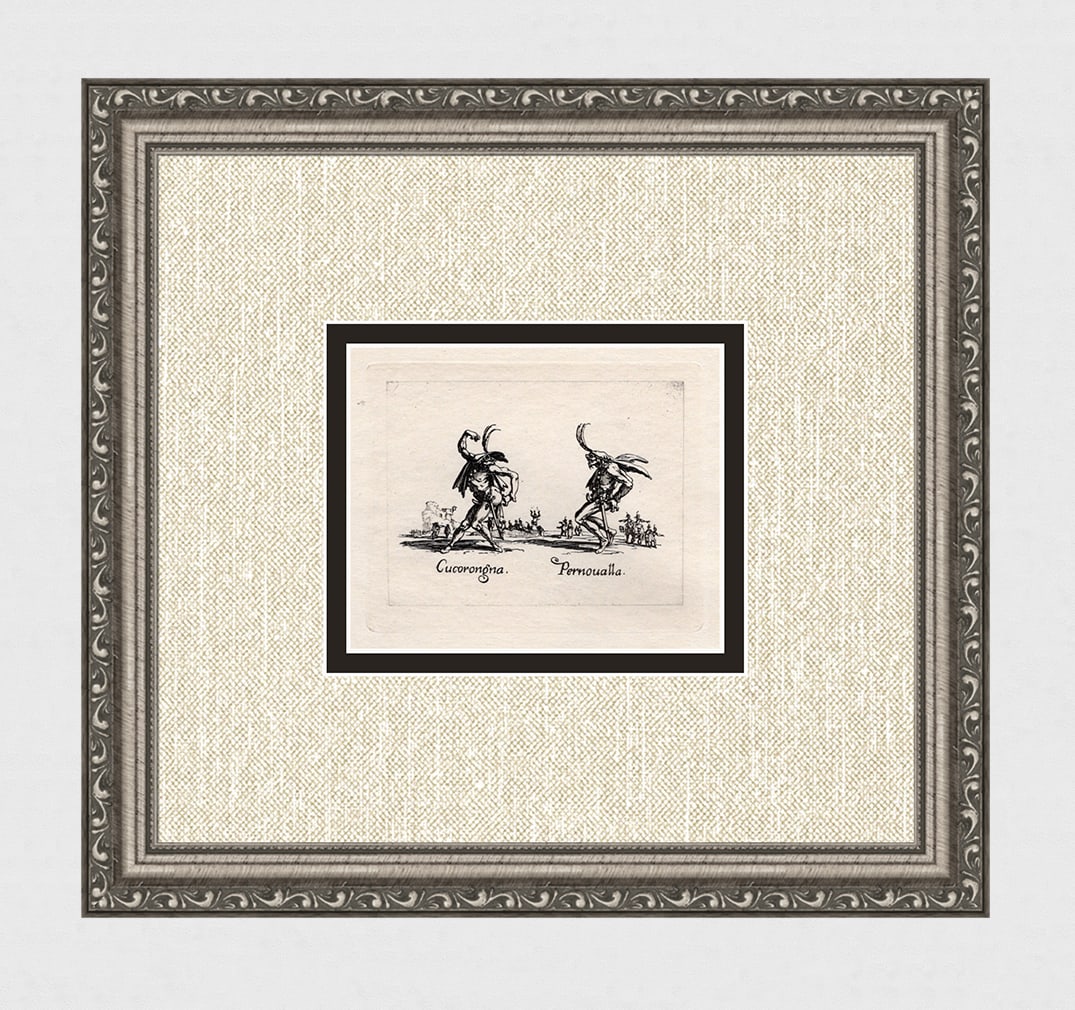 1920 CALLOT Engraving "Balli di sfessania, Street Artists" Limited Framed: Jacques Callot (French, c.?1592 - 1635). Cucorongna & Pernoualla, from Balli di Sfessania. Antique engraving on japon paper after the original created in 1622. Year: c. 1920. Limited edition of only 5