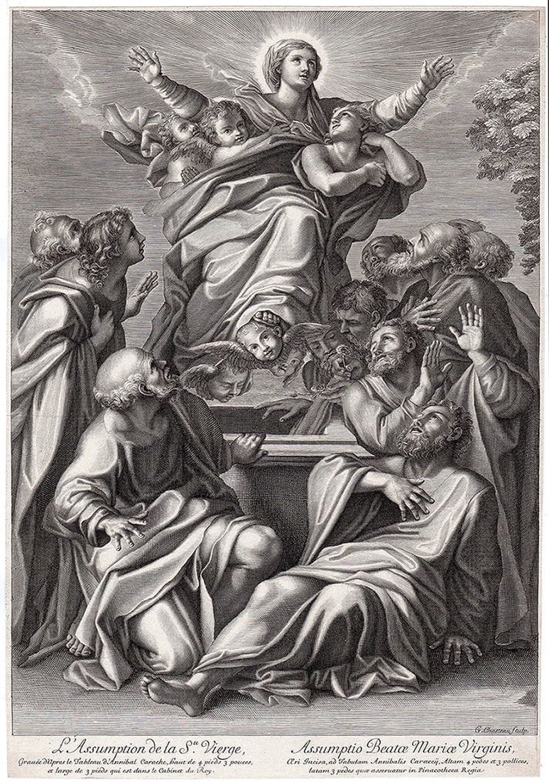 Annibale Carracci Assumption of the Virgin 1673 Engraving: Annibale Carracci (1506 - 1609, Italian). The Assumption of the Virgin. Antique engraving on laid paper after the original by master etcher/engraver Guillaume Chasteau (1635 - 1683). Year: 1673. Signe