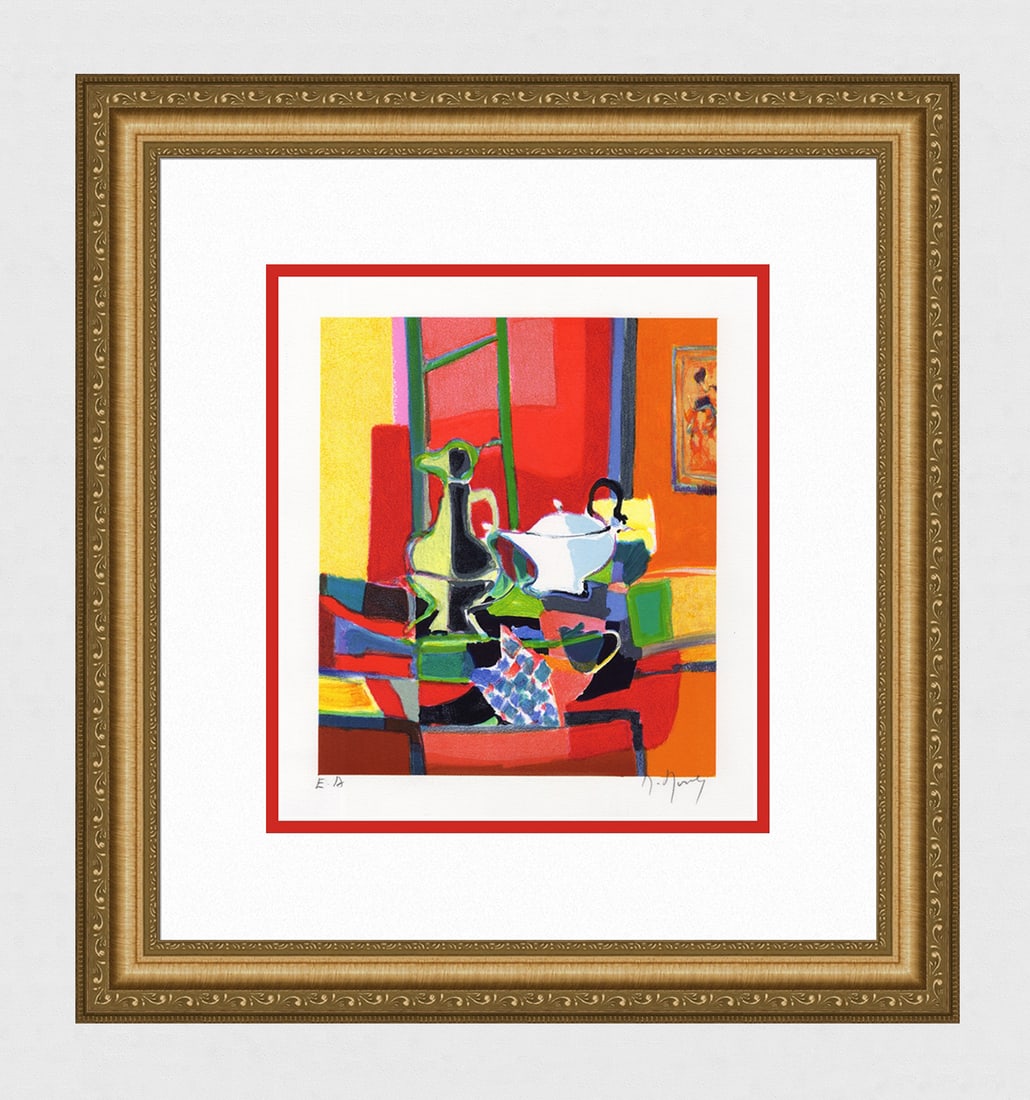 Marcel Mouly Hand signed Lithograph The Teapot Artist Proof: Marcel Mouly (1918 - 2008). La Theiere II (the Teapot II) (The Workshop). Color lithograph on Wove paper. Year: 1992. Signed in pencil, lower right. Numbered EA (Artist Proof - Epreuve d'Artiste). Ima