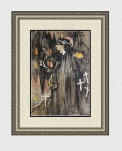 Rare 1963 Pablo Picasso Pochoir "The Decadent Poet" Limited Bleus en Barcelone: Pablo Picasso, Pablo. "Le Poete Decadent (The Decadant Poet)," From the suite "Les Bleus de Barcelone." 1963. Lithograph heightened with pochoir by Jacomet on wove BFK Rives paper after the original.