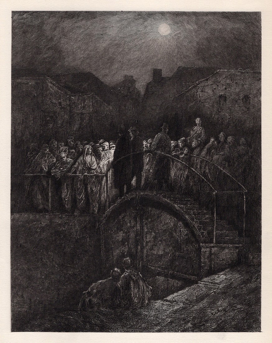 1800s GUSTAVE DORE SIGNED Wood Engraving LONDON NIGHT SCENE Framed: Gustave Dore (Paul Gustave Louis Christophe Dore) (French, 1832-1883). Night Scene In East London-The Thieves Roll Call. Antique etching wove paper after the original by master etcher by David Law (Br