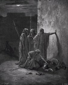 SIGNED 1800s GUSTAVE DORE Biblical Woodcut Jehu's Companions Find Jezebel FRAMED