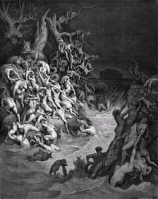 1800s Gustave DORE SIGNED Religious Wood Engraving The Duration of the Flood FRAMED