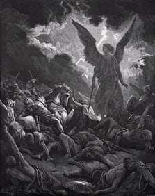 1800s GUSTAVE DORE Biblical Woodcut Sennacherib's Army Destroyed FRAMED SIGNED