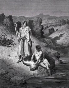 FRAMED 1800s Gustave Dore Biblical Woodcut Tobias Catches a Fish SIGNED