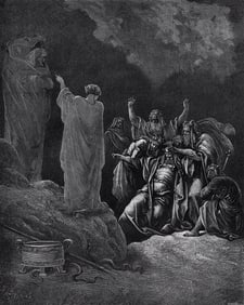 1800s Gustave DORE'S BIBLE SIGNED Woodcut The Witch Of Endor FRAMED