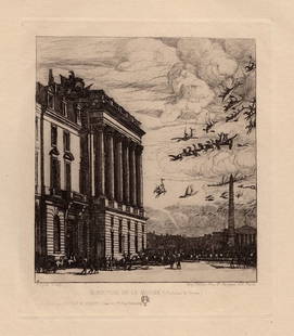 Charles MERYON SIGNED Etching View of the Admiralty, Paris FRAMED: Charles Meryon (1821-1868). The Admiralty, Paris (Ministère de la Marine, Paris). Vintage etching on laid paper after the original by a Master Engraver. Year: 1926. Signed in the plate, lower left.