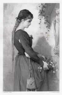 Jean-Baptiste Bertrand (French, 1823 - 1887) Marguerite 1876 engraving: Jean-Baptiste Bertrand (French, 1823 - 1887). Marguerite. Antique Steel Engraving on wove paper after the original by Master Engraver. 1876. Excellent. Image Size 6 7/8 x 11 inches. Approximately 16