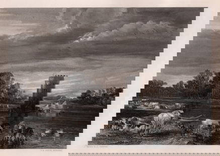 JAMES WARD SIGNED 1800s Engraving Tabley Park, Cheshire FRAMED: James Ward (English, 1769-1859). De Tabley Park. Antique engraving on wove paper after the original oil on canvas by master engraver by Thomas Abel Prior, British (1809 - 1886). Signed in the plate.
