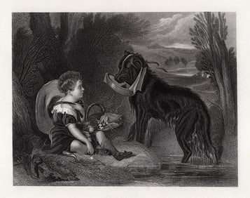 Edwin LANDSEER 1861 Antique Engraving The Toy Boat and Dog Framed