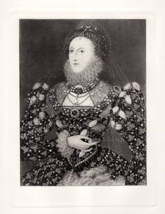 Nicholas Hilliard Queen Elizabeth 1883 Print: Queen Elizabeth. Antique Heliogravure on thick wove paper after the original Oil on panel associated to Nicholas Hilliard (English, 1547-1619). This Painting is housed in the National Portrait Gallery