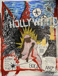 Gino Perez Starry Night Original Acrylic painting 54 x 42 inches: Mariano Leo Giovanni Perez (Gino Perez). Starry Night for the Poor. Original Mixed media Acrlyic with Collage on Canvas. Signed by the artist, lower right. Image Size 54 x 42 inches. Gino Perez is a 3