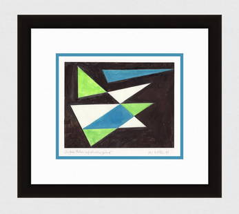 Mathis Original Gouache Simple Forms Framed Swiss: Josef Johann Mathis (Joe Mathis, 1913 - 2002; Swiss). Simple Forms on dark Ground (Einfache Flaechen auf dunklem Grund). Original Mixed Media Gouache on paper. Year: 1996. Hand signed and dated in pen