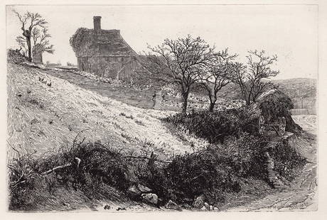 1872 John Postle Heseltine Rundhurst etching signed: John Postle Heseltine. (English, 1843-1929). Rundhurst. Antique etching on thick laid paper. 1872. Signed, Dated and Titled lower right. Excellent. Image size 6 x 9 inches. This artwork is accompanied