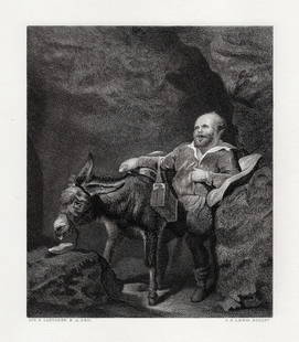 HENRI LANDSEER 1800s Engraving Sancho, Panza & Dapple Framed SIGNED: Sir Henry Edward Landseer (English, 1802-1873). Sancho Panza and Dapple (from Cervantes' 'Don Quixote'). Antique engraving on wove paper after the original oil painting by master engraver Charles Geor
