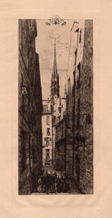 CHARLES MERYON Etching Famous Chantrey Street, Paris FRAMED: Charles Meryon (1821-1868). La Rue des Chantres, Paris (Chantrey Street, Paris). Vintage etching on laid paper after the original by a Master Etcher. Year: 1926. Image size 5 1/2 x 11 3/4 inches. Fram