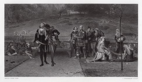 1875 Marcus Stone Edward II and Piers Gaveston engraving signed