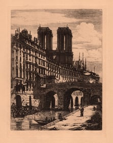Charles Meryon Etching VIEW OF LITTLE BRIDGE, PARIS Framed