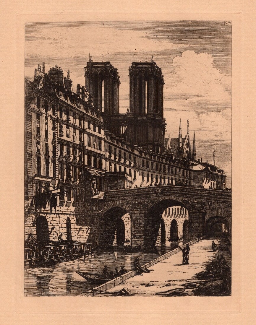 Charles Meryon Etching VIEW OF LITTLE BRIDGE, PARIS Framed: Charles Meryon (1821-1868). The Petit Pont, Paris. Vintage etching on laid paper after the original by a Master Etcher. Year: 1926. Image size 7 3/4 x 10 1/8 inches. Framed dimensions approximately 17