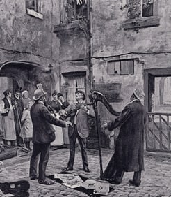 Henri Cain 1800s Antique Print Three Street Musicians SIGNED Framed