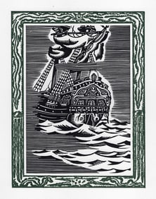 FRAMED Patrick de Manceau 1946 Woodcut THE SAN DOMINICK SAILING Signed