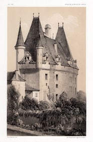 1800s Victor Petit Original Lithograph Chateau De Jumillac Framed Signed