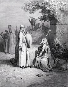 FRAMED 1800s Gustave DORE Religious Woodcut REBEKAH AT THE WELL Signed