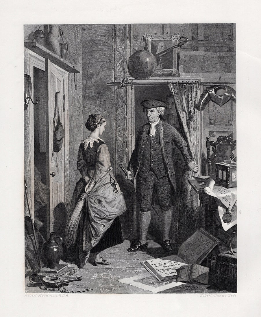 ROBERT HERDMAN 1800s Engraving Stern Jonathan Oldbuck FRAMED Signed: Robert Herdman (British, 1829-1888). The Antiquary and Lovel Entering the Sanctum. Antique engraving on wove paper after the original by master engraver Robert Charles Bell (British, 1806-1872). Year: