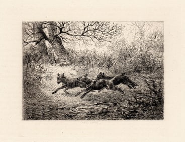 Jules Veyrassat Hunting Wolves etching signed