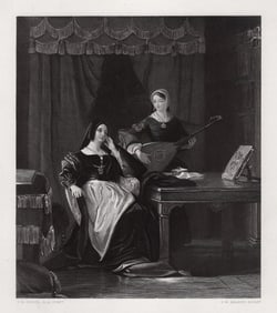 Charles Robert Leslie 1800s Engraving Katherine of Aragon Framed Signed