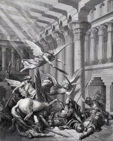 Gustave DORE 1800s Biblical Woodcut God Punishes Heliodorus FRAMED Signed