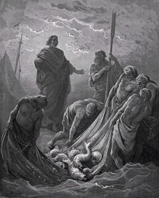 1800s Gustave DORE Biblical Woodcut Jesus at the Sea of Tiberias FRAMED Signed