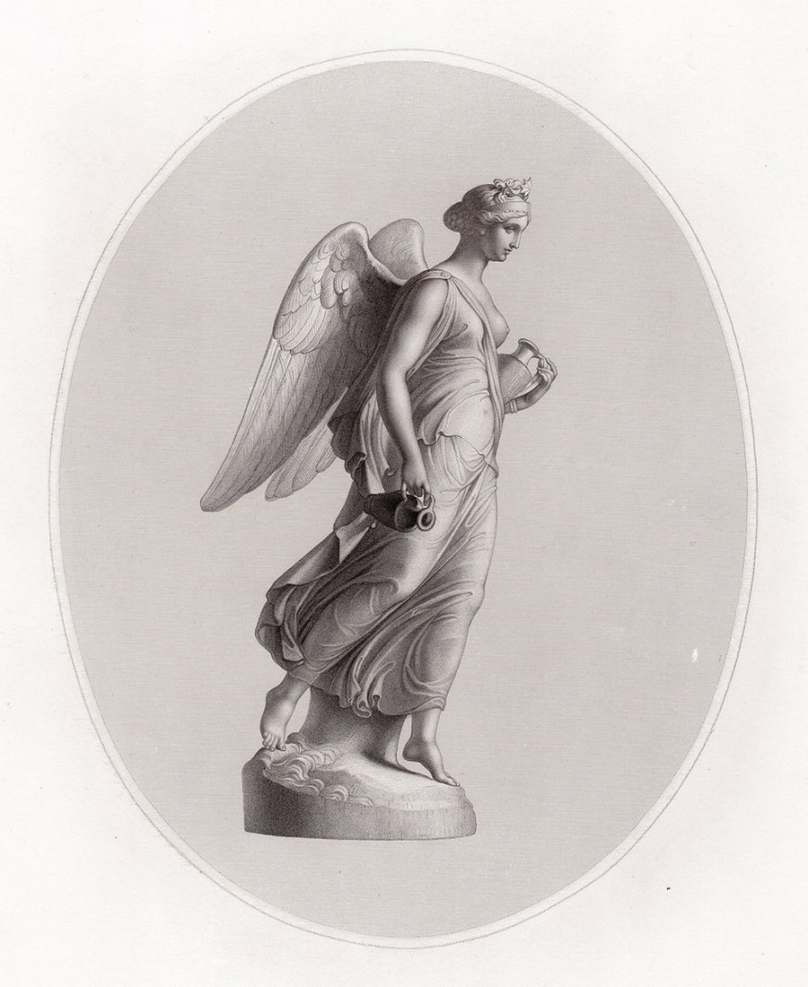 John Gibson Aurora 1849 engraving: John Gibson. (Welsh, 1790 - 1866). Aurora. Antique engraving on wove paper after the original marble statue by master engraver William Callio Roffe (British, 1817 - c. 1894). 1849. Excellent. Image Si