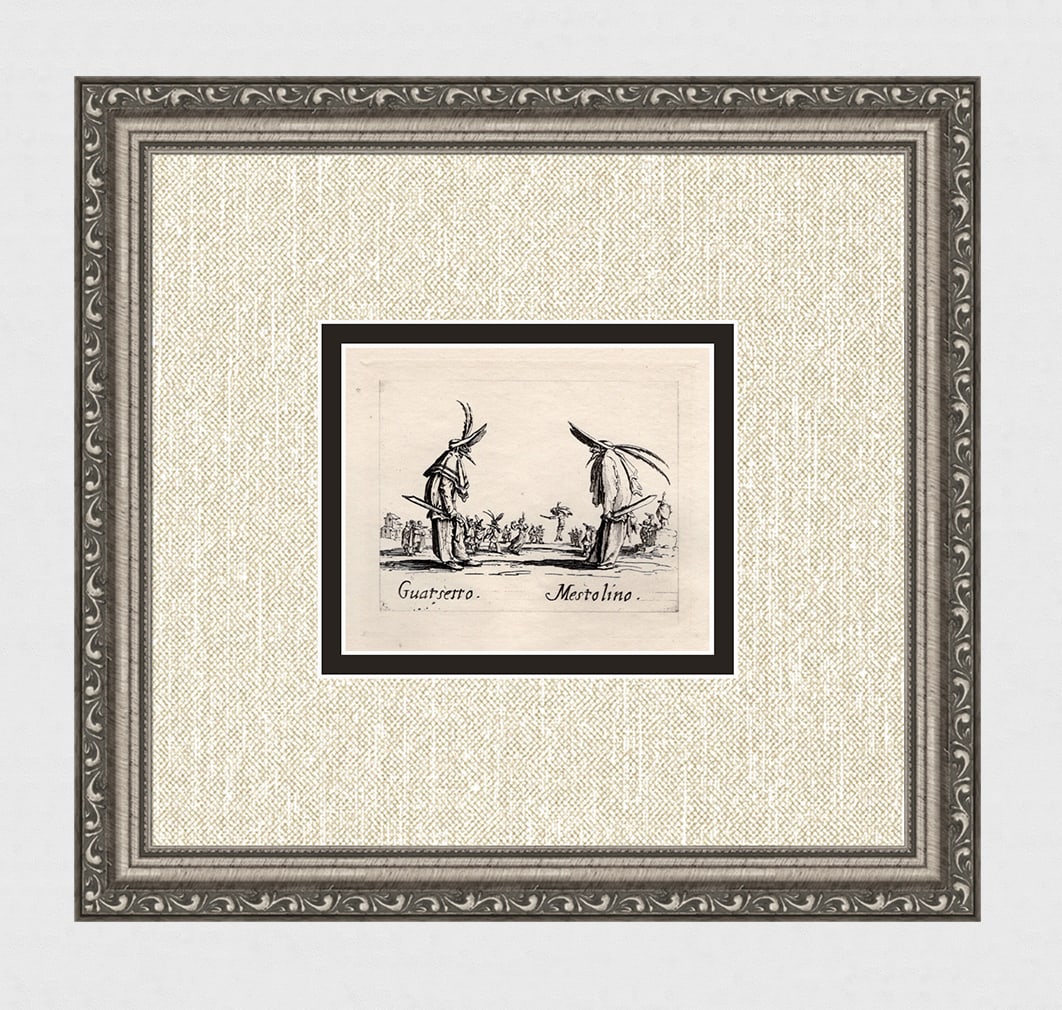Limited 1920 Jacques CALLOT Engraving "Preparing for Battle" Framed: Jacques Callot (French, c.?1592 - 1635). Guatsetto & Mestolino, from Balli di Sfessania. Antique engraving on japon paper after the original created in 1622. Year: c. 1920. Limited edition of only 500
