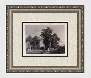 1800s Oswald Achenbach Engraving The Monastery Landscape Framed Signed: Oswald Achenbach (1827 - 1905).The Monastery. Antique engraving on wove paper after the original by master engraver Edward Angelo Goodall (British, 1819-1908). Signed in the plate. Year: 1859. Image S