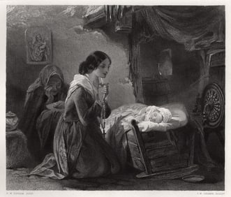 SIGNED Frank William Warwick Topham 1800s Engraving THE BLESSING Framed