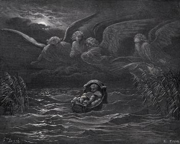 1800s Gustave DORE Religious Wood Engraving "Baby Moses" SIGNED Framed