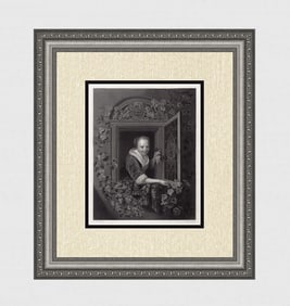 1800s GERRIT DOU Engraving "Girl at the window with Grapes" SIGNED Framed